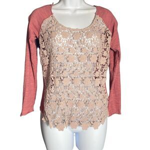 Free People Crochet Lace Front Long Sleeve Top Size M